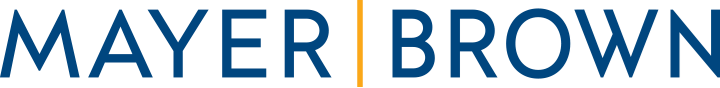 The museum displays blue text spelling MAYER | BROWN in capital letters, with a vertical gold line dividing the words, set against a light background. *AI generated alt text