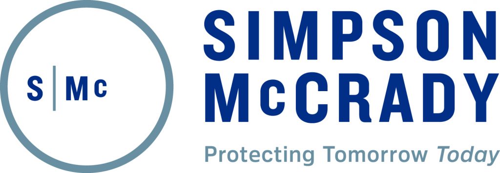 Logo featuring the letters SMc inside a circle on the left, with SIMPSON McCRADY in bold blue capital letters to the right. Below the main text, the phrase “Protecting Tomorrow Today” appears in a lighter blue font. *AI generated alt text