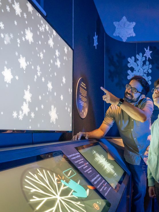 An adult and child look at an interactive display of digital snowflakes in a museum exhibit. *AI generated alt text