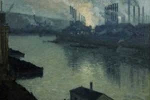 A river flows through an industrial cityscape, with multiple factories and tall smokestacks along the banks under a cloudy sky. The image features prominent silhouettes of industrial buildings and chimney stacks in front of dense clouds. *AI generated alt text