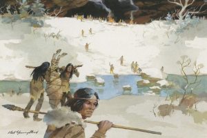 A group of Indigenous people move across a snowy landscape toward a cave with a fire inside during an educator open day at the museum. Some individuals carry supplies, while others walk along a frozen stream under stormy skies and among snow-covered trees. *AI generated alt text