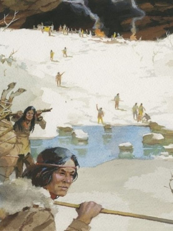 A group of Indigenous people move across a snowy landscape toward a cave with a fire inside during an educator open day at the museum. Some individuals carry supplies, while others walk along a frozen stream under stormy skies and among snow-covered trees. *AI generated alt text